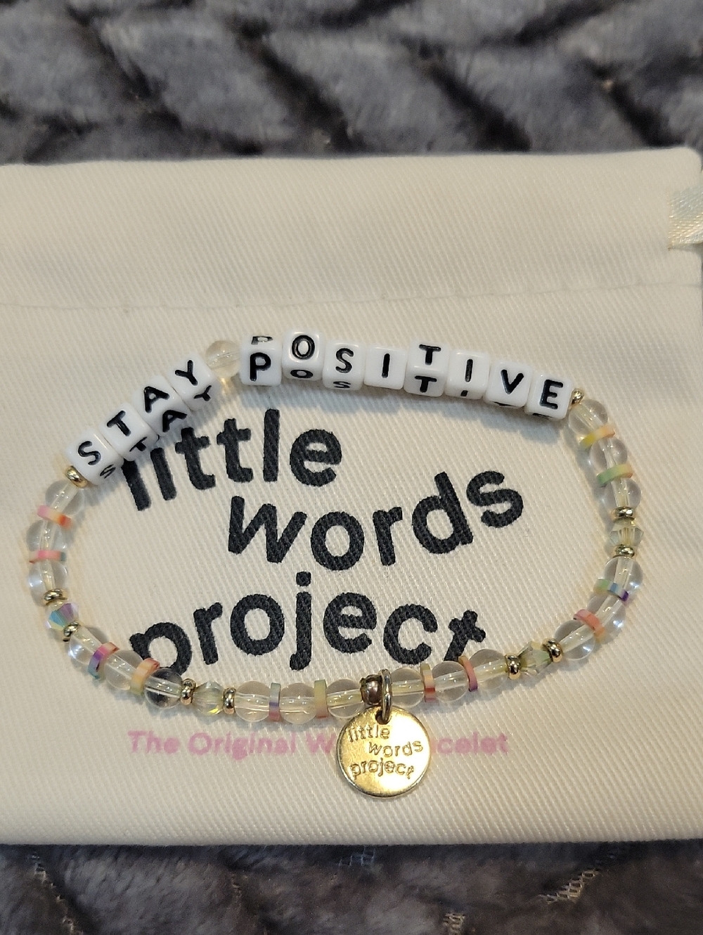 Little Words Project Stay Positive White and Iridescent Bead Bracelet
